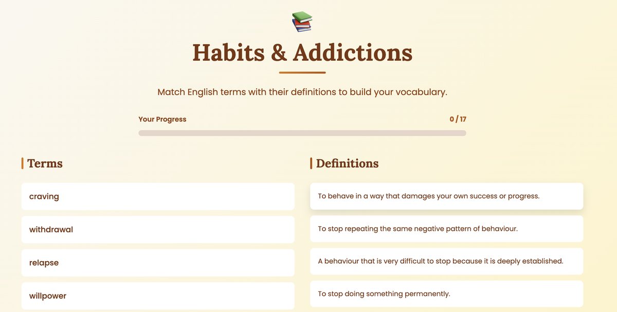 Habits and Addictions vocabulary matching activity