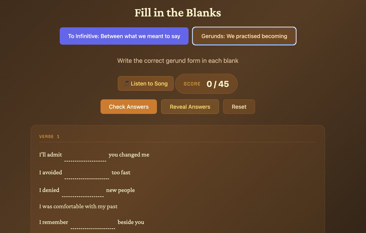 Fill in the Blanks verb patterns song activity