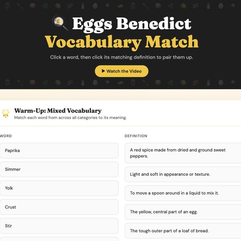Eggs Benedict vocabulary match